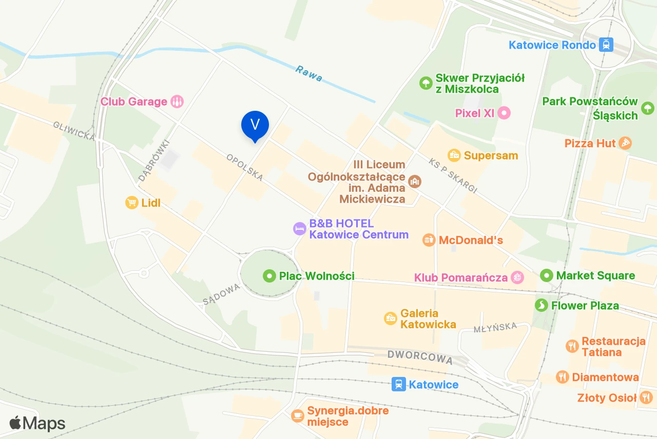 Mapa Katowic z zaznaczonym adresem: Jana III Sobieskiego 5/1, Katowice